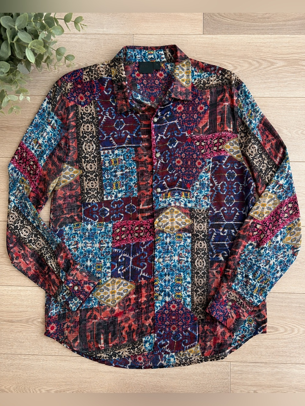 ASOS Silky Womens Medium Patchwork Tapestry Persian Print Button Down Shirt Boho - Picture 2 of 8